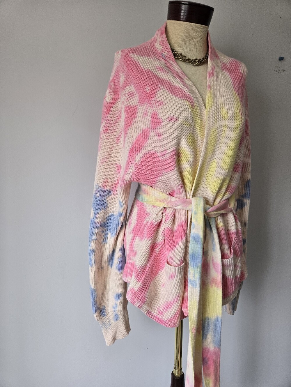 525 America Pastel Tie-Dye Cotton Knit Belted Cardigan. Size Large - Picture 2 of 13